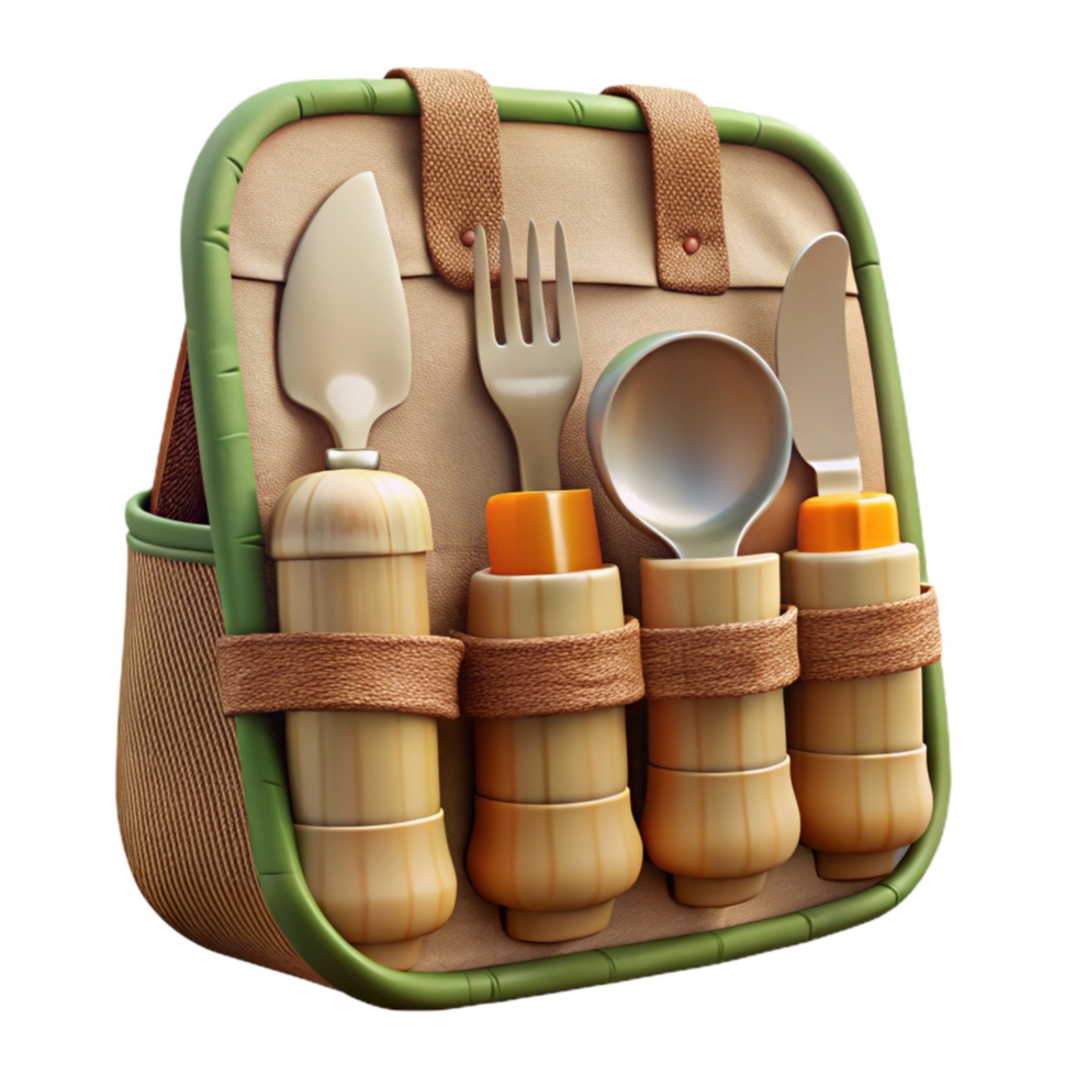 beautiful vintage Bamboo Cutlery Set in a Canvas Pouch Isolated on Transparent Background professional png