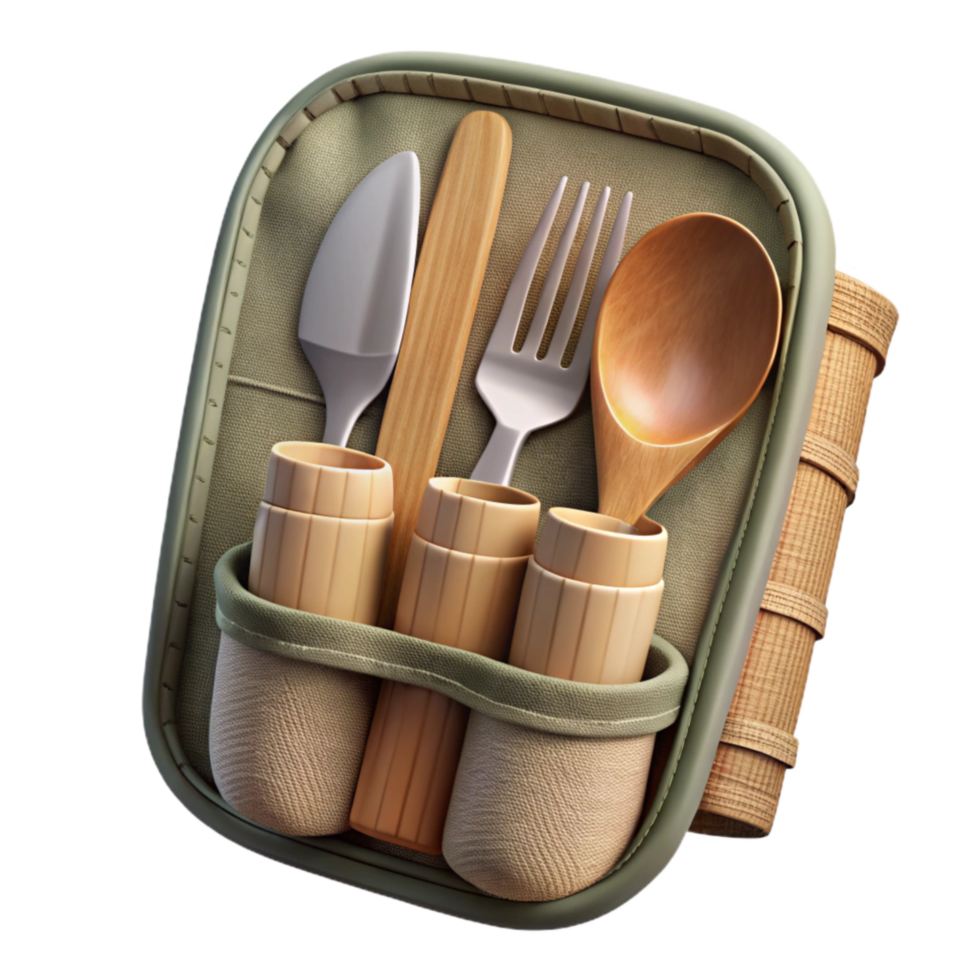beautiful contemporary Bamboo Cutlery Set in a Canvas Pouch Isolated on Transparent Background 4K png