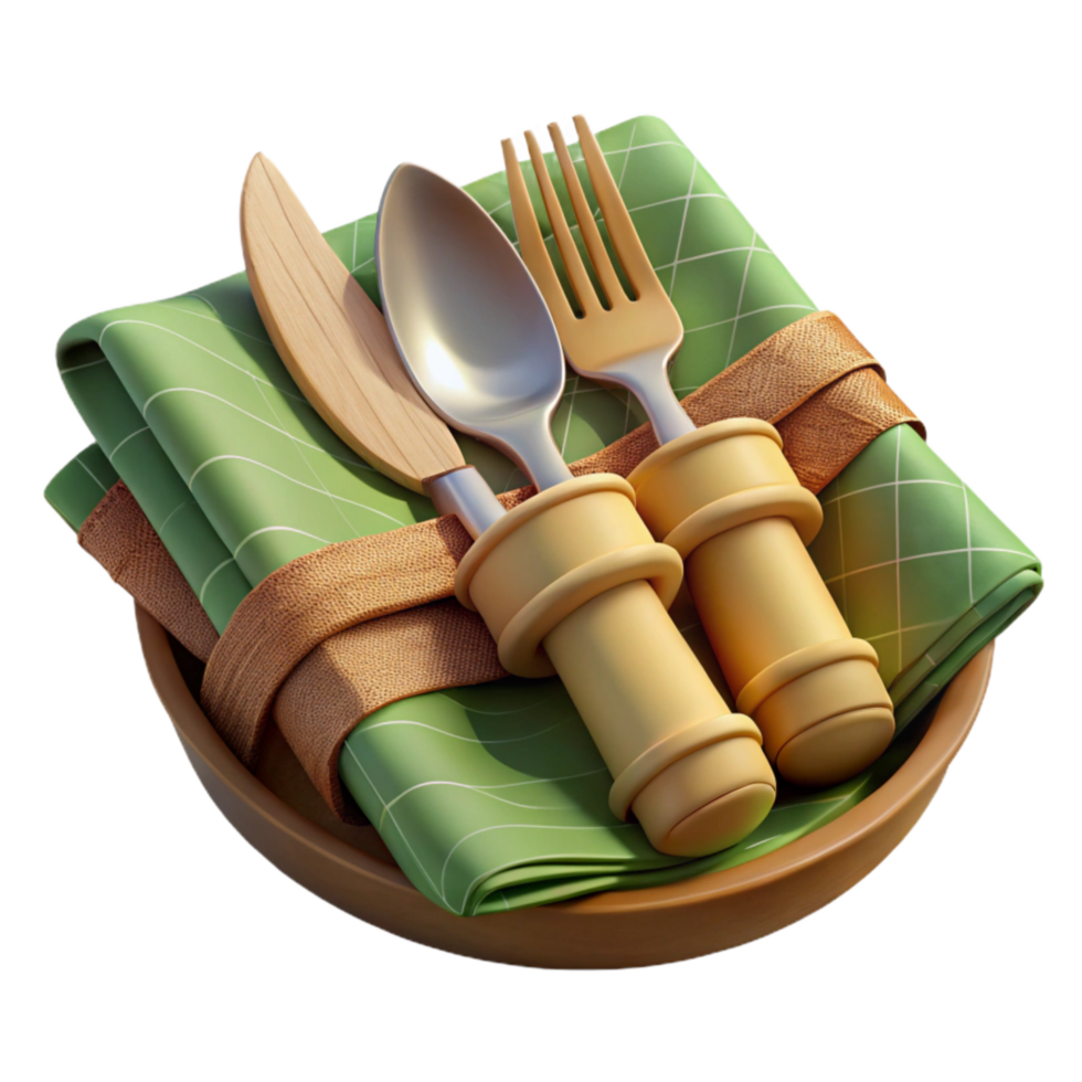wonderful minimalist Bamboo Cutlery Set with Cloth Napkin Isolated premium png