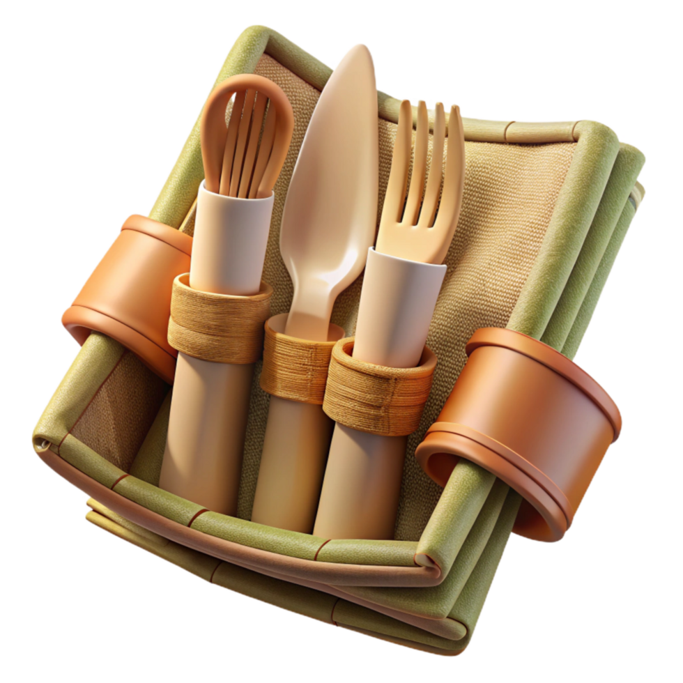 beautiful traditional Bamboo Cutlery Set with Cloth Napkin Isolated professional png