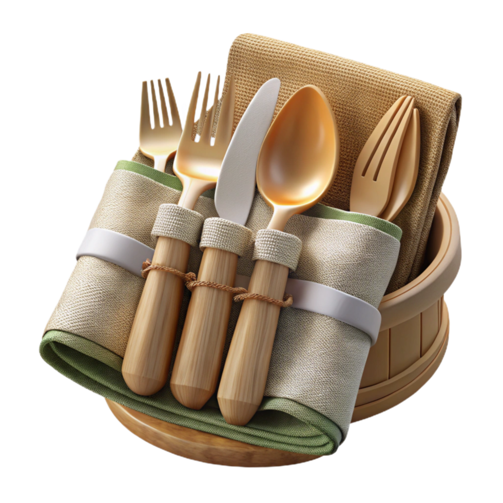 stunning creative Bamboo Cutlery Set with Cloth Napkin Isolated high resolution png