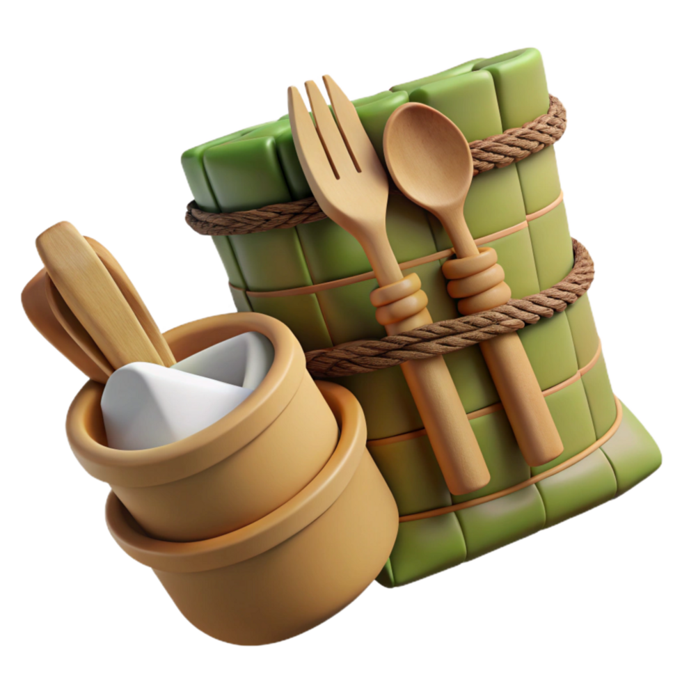 elegant minimalist Bamboo Utensils Set with Travel Pouch Transparent Background original png