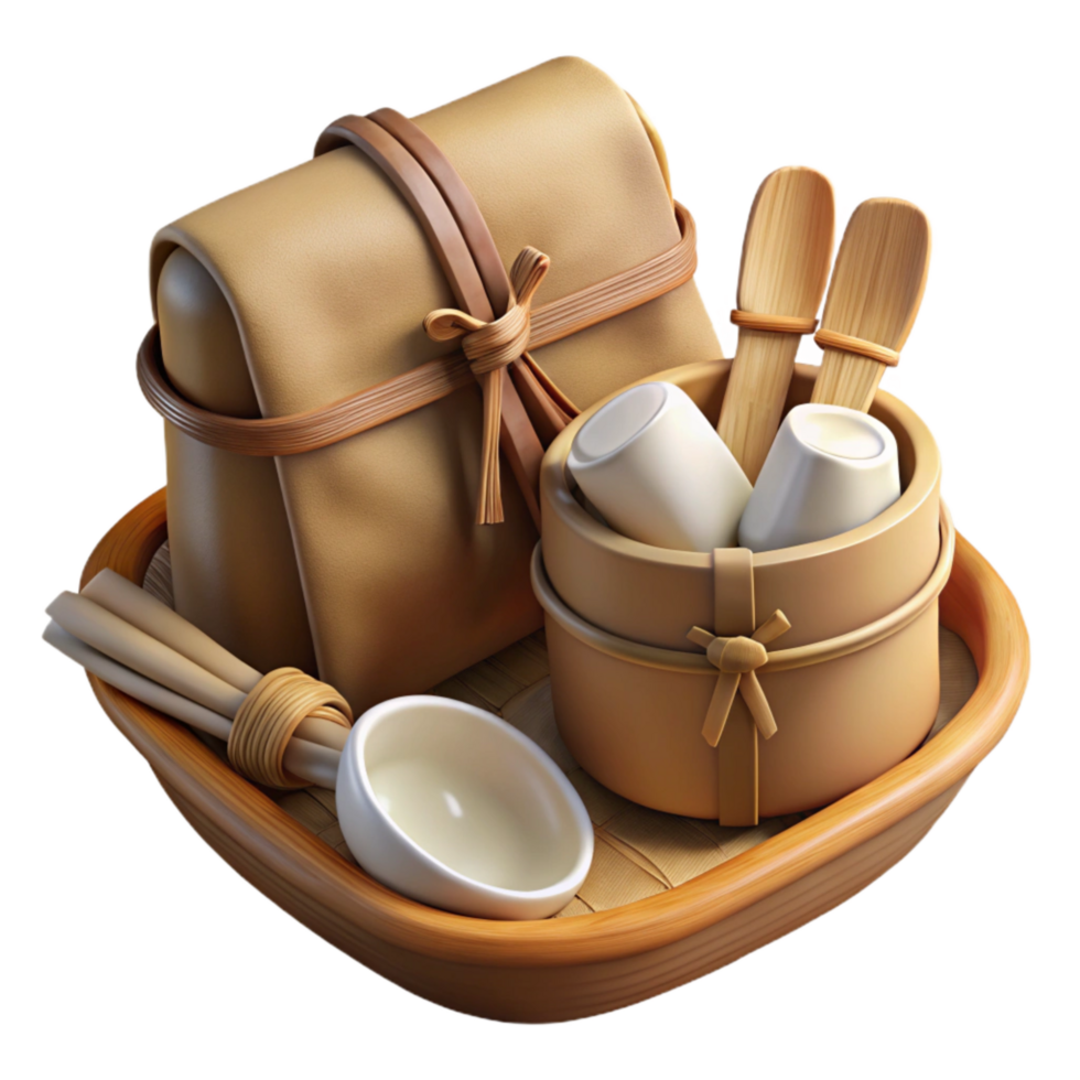 elegant artistic Bamboo Utensils Set with Travel Pouch Transparent Background authentic png