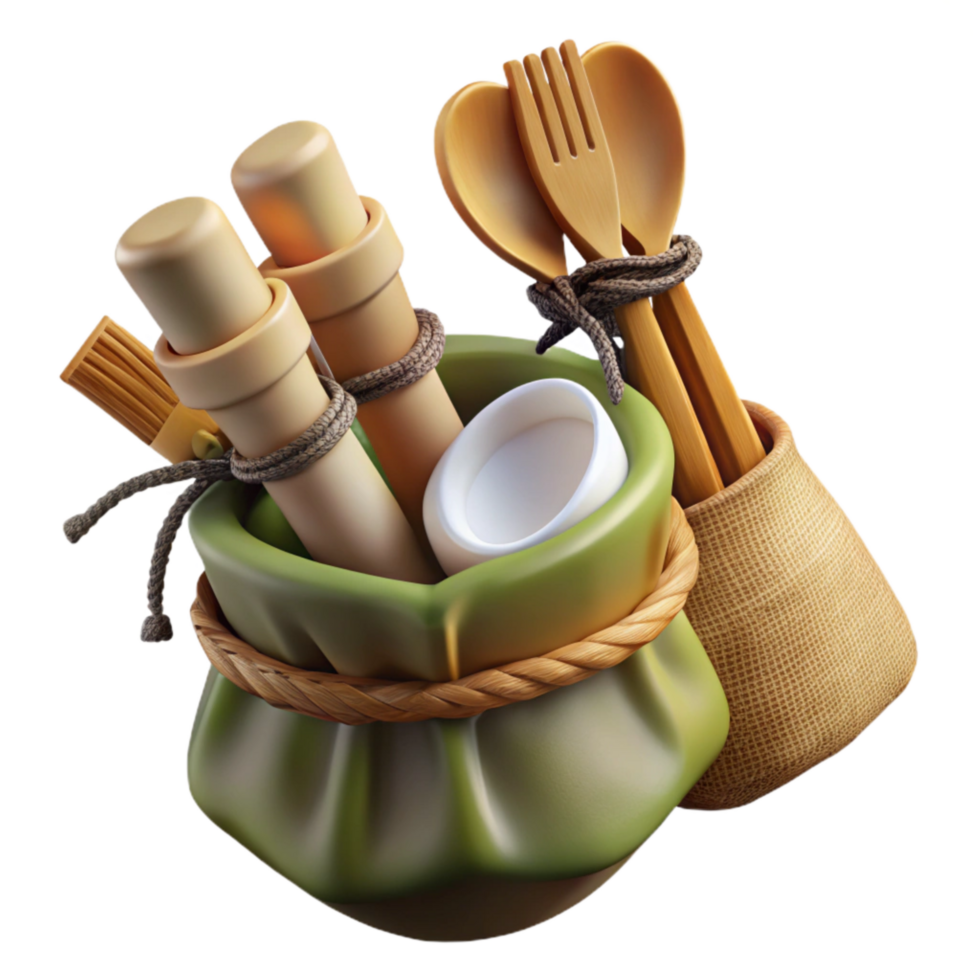 dramatic vintage Bamboo Utensils Set with Travel Pouch Transparent Background high resolution png