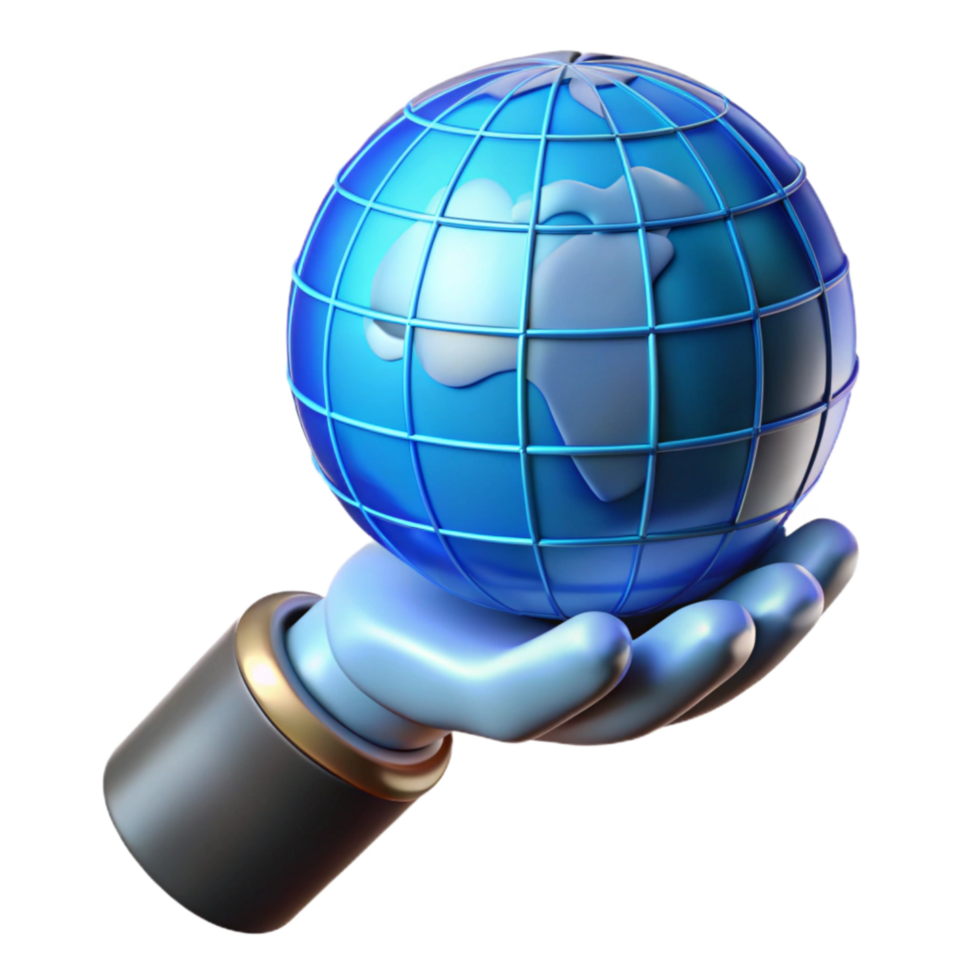 serene artistic Bionic Hand Holding Globe Blue Tint Cutout genuine png