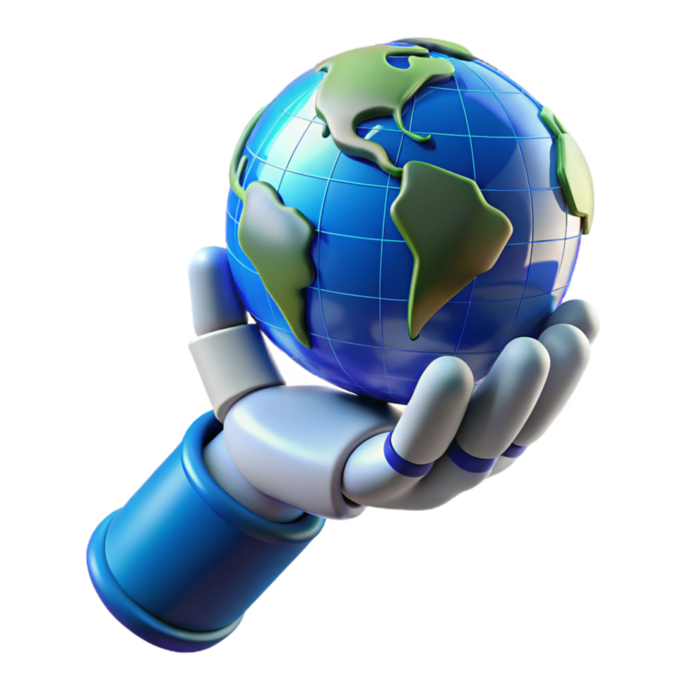 magnificent abstract Bionic Hand Holding Globe Blue Tint Cutout detailed png