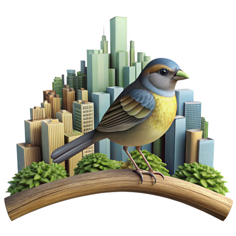 elegant vintage Bird on Branch Against City Skyline Cutout authentic png