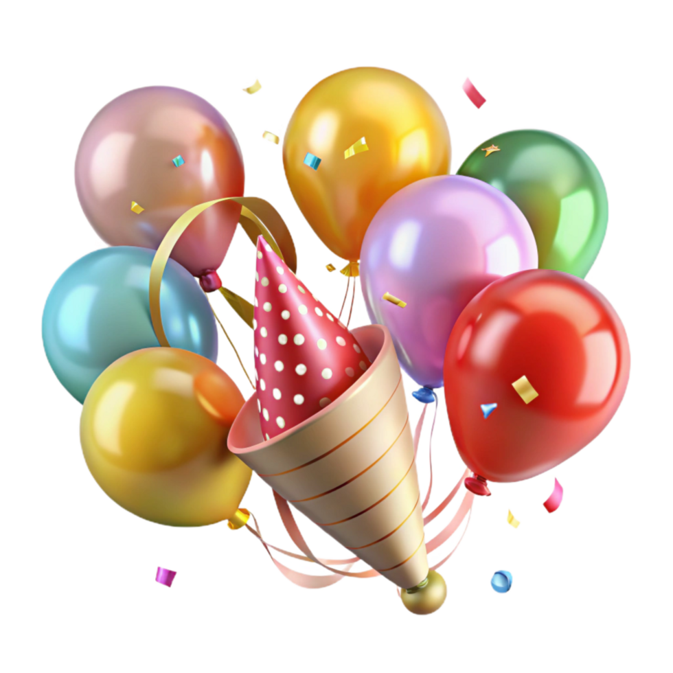 vibrant modern Birthday Party Streamers and Balloons Transparent Background 4K png