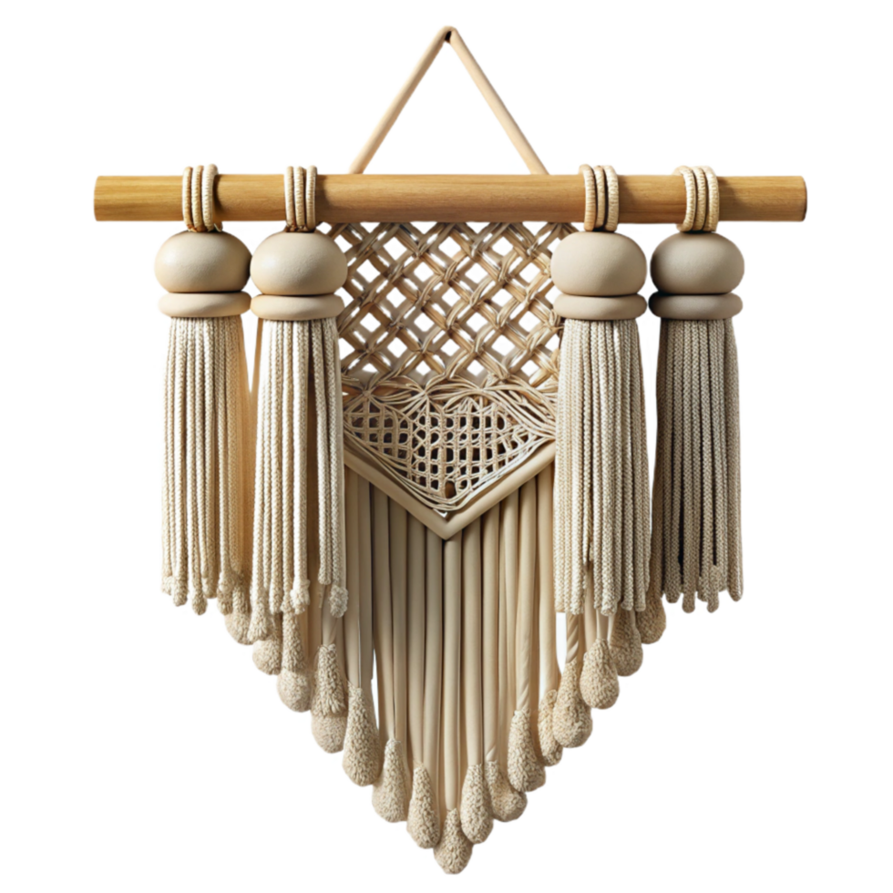 serene contemporary Boho Macrame Wall Hanging Beige Cutout Element detailed png