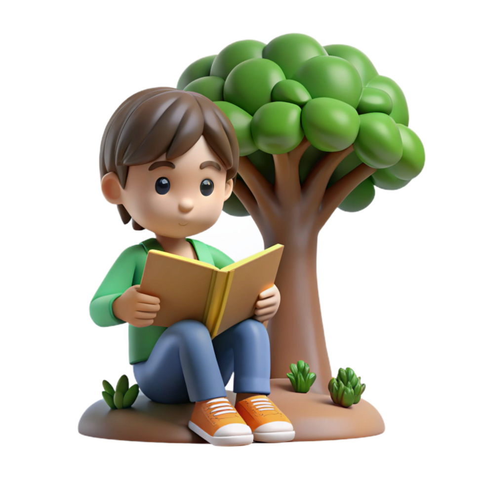 serene minimalist Boy Reading Book Under Tree Transparent high quality png