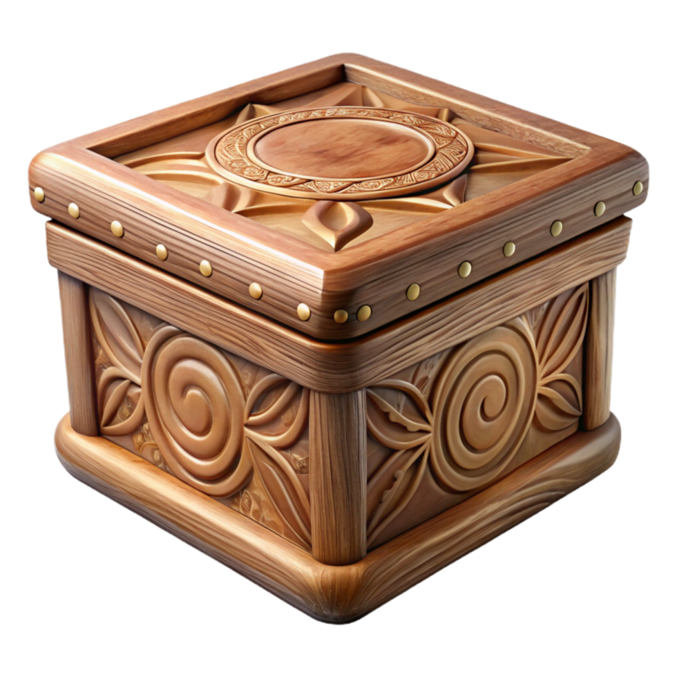 serene rustic Carved Wooden Box with Lid Transparent Background Isolated 4K png