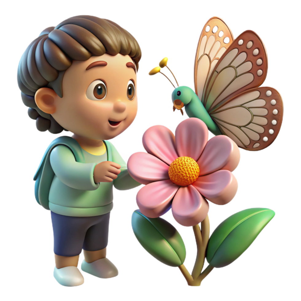 impressive creative Child Observing Butterfly on Flower Cutout Nature Exploration authentic png