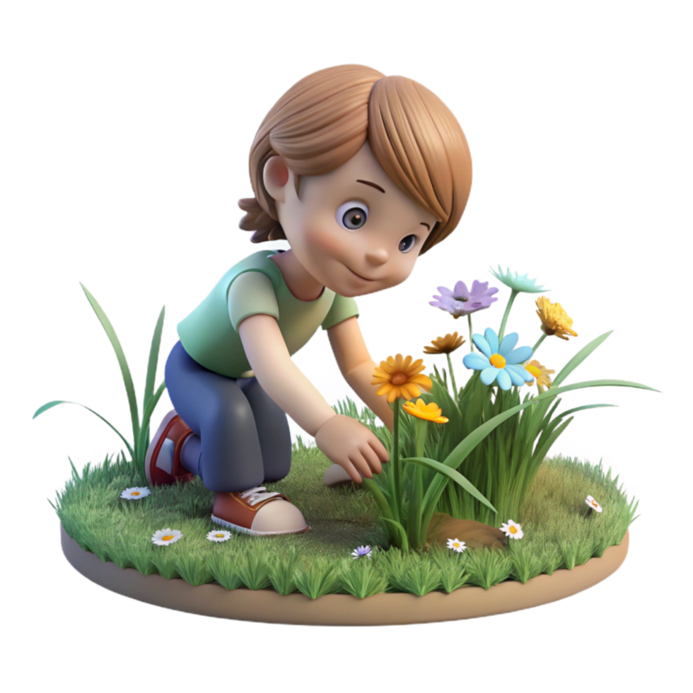 elegant classic Child Picking Flowers in Meadow Cutout Springtime Scene genuine png