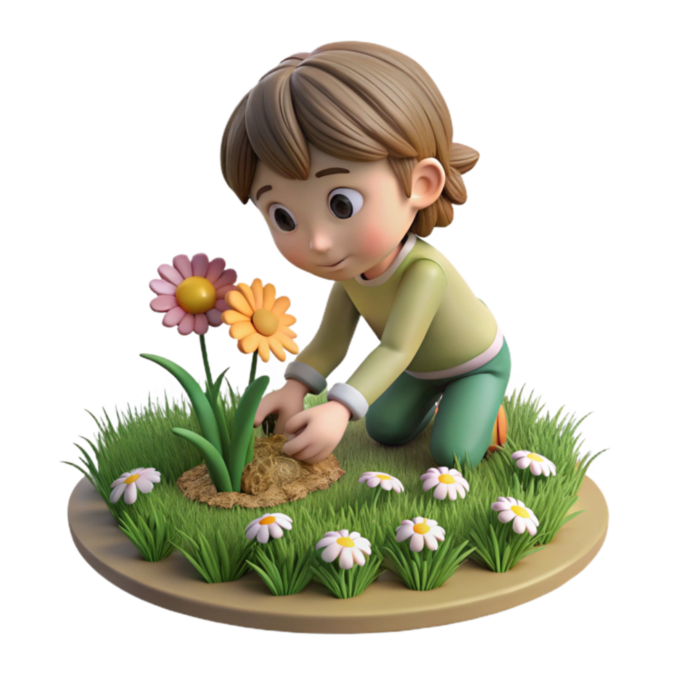 dramatic rustic Child Picking Flowers in Meadow Cutout Springtime Scene high resolution png