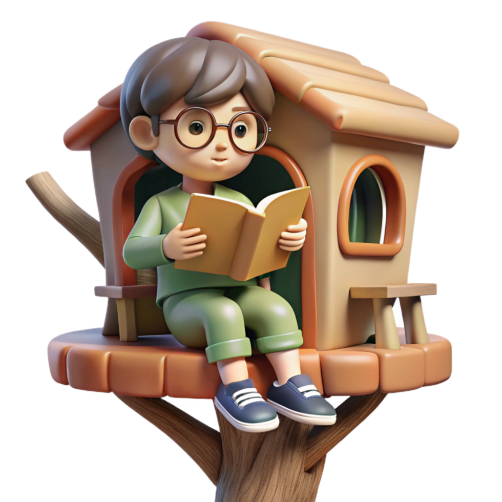 vibrant traditional Child Reading Book in Treehouse Cutout detailed png
