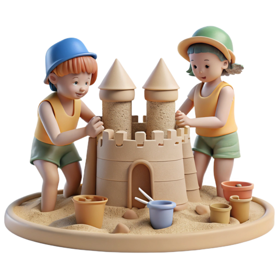 vibrant vintage Children Building Sandcastle on Beach Transparent Background exclusive png