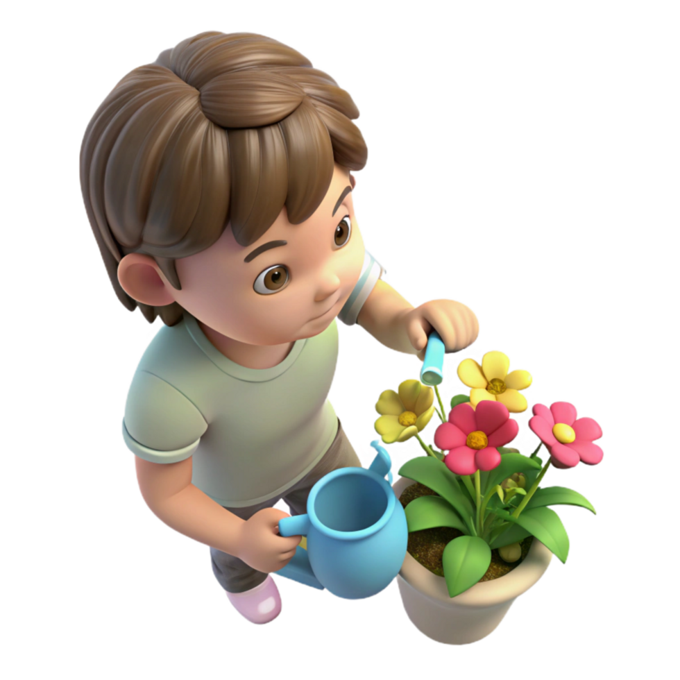 vibrant minimalist Child Watering Flowers Isolated Transparent Background Top View authentic png