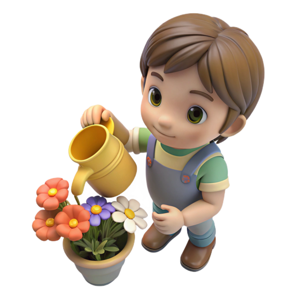 serene rustic Child Watering Flowers Isolated Transparent Background Top View high quality png