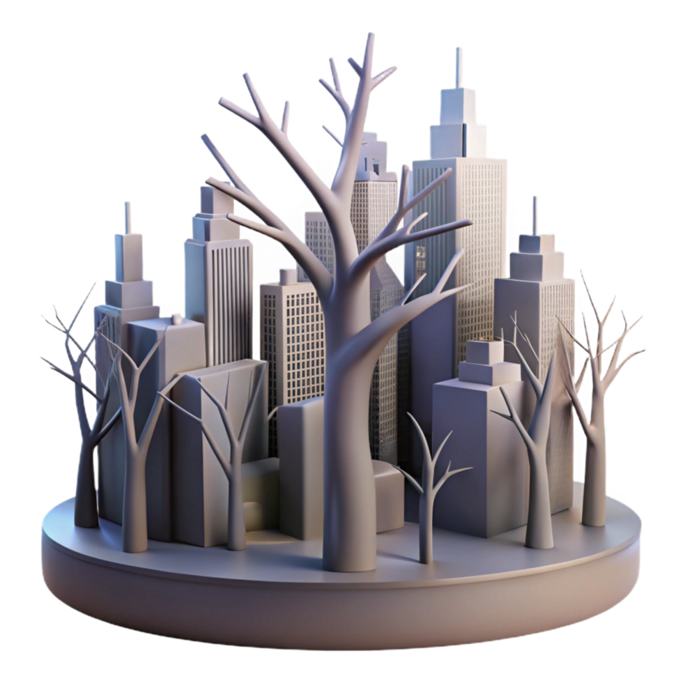 impressive minimalist Cityscape Silhouette with Tree Branches Transparent Background authentic png
