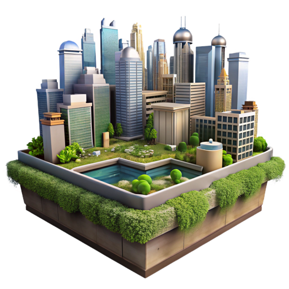 wonderful rustic City Skyline with Rooftop Gardens Cutout with Dramatic Lighting original png