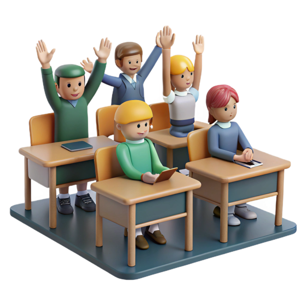 magnificent modern Classroom with Students Raising Hands Isolated high quality png