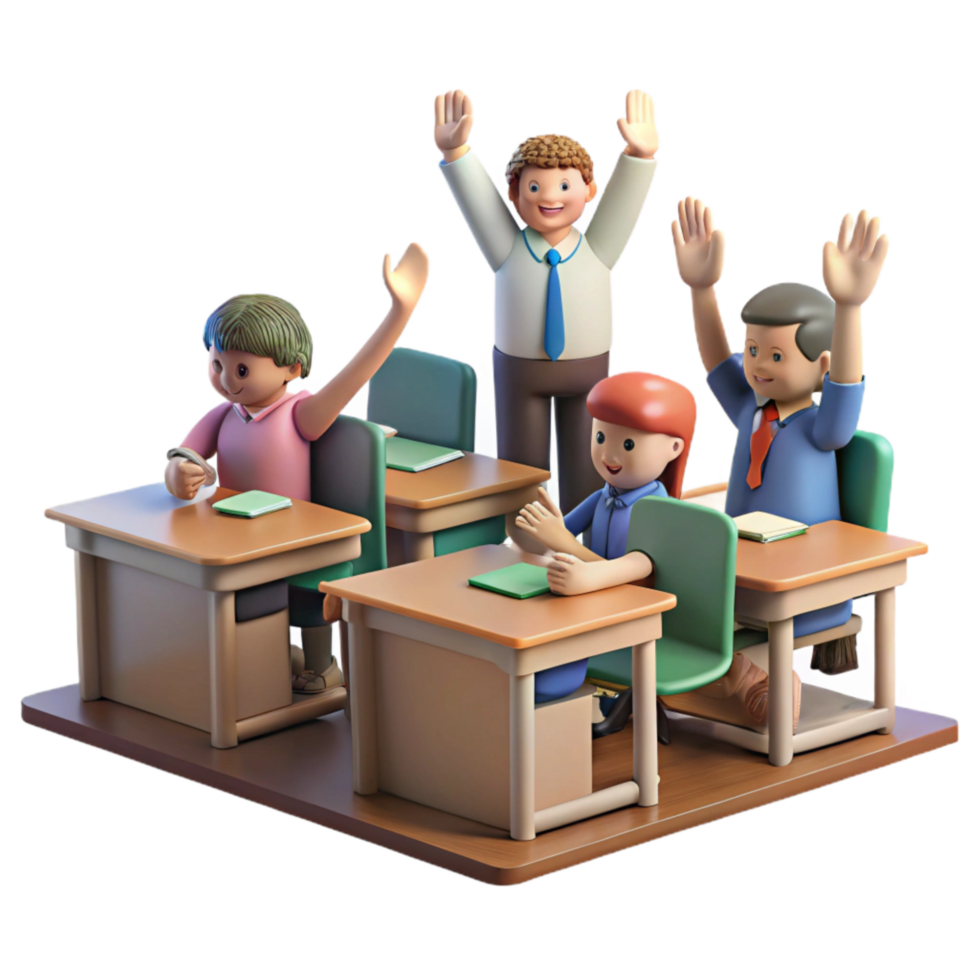 beautiful creative Classroom with Students Raising Hands Isolated professional png