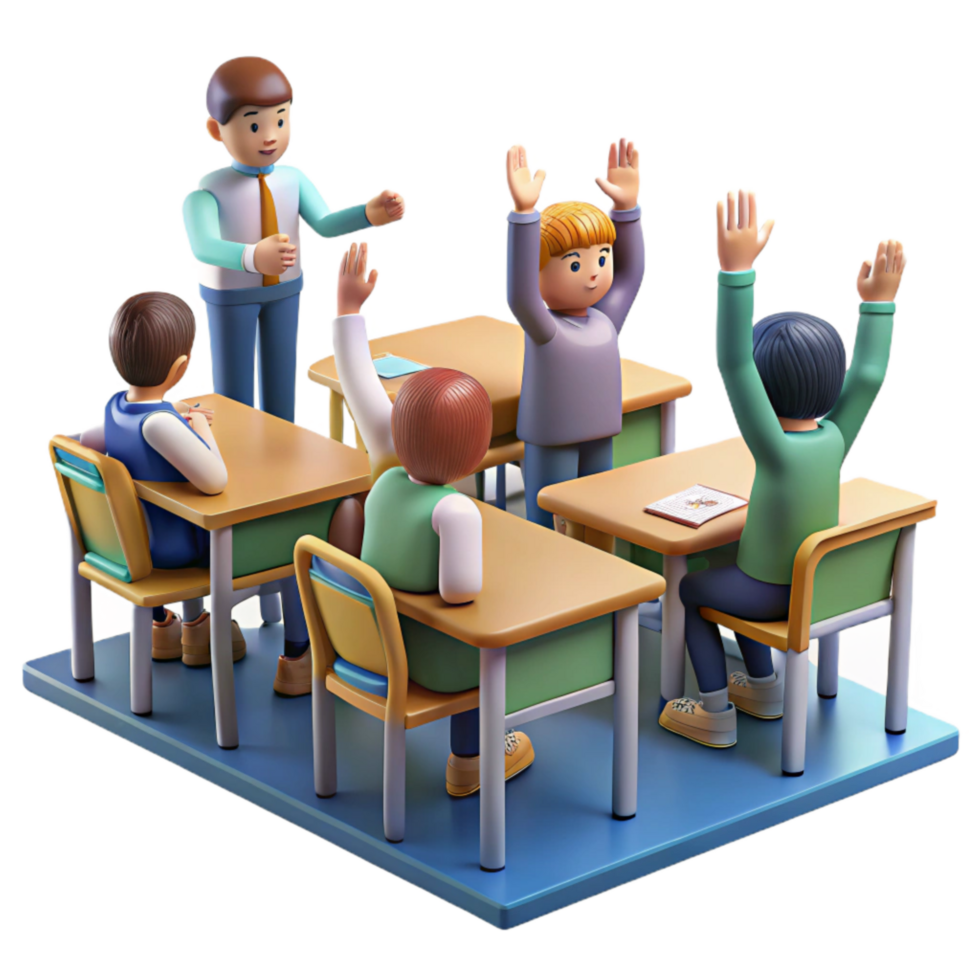 serene minimalist Classroom with Students Raising Hands Isolated original png