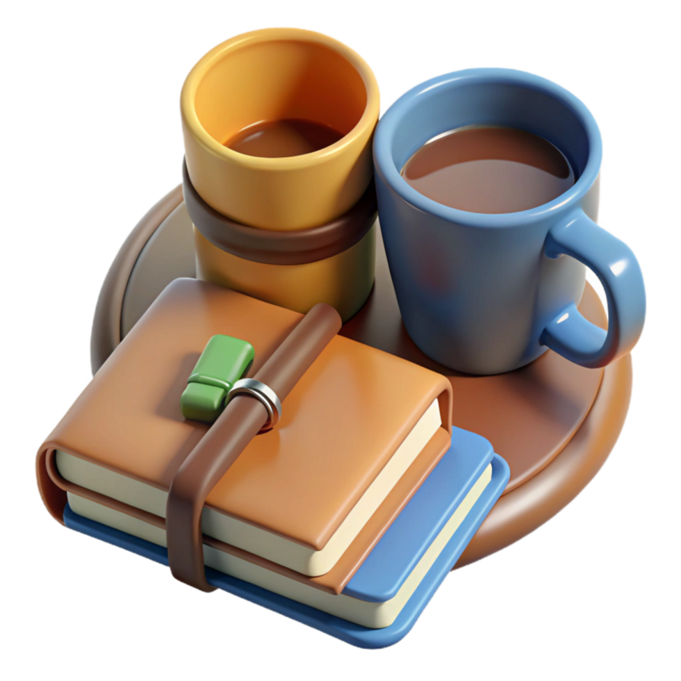 extraordinary creative Coffee Mug and Journal on Desk Cutout detailed png