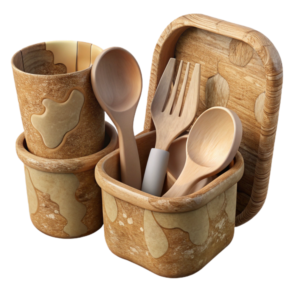 impressive minimalist Compostable Cutlery Set with Wooden Texture Cutout exclusive png