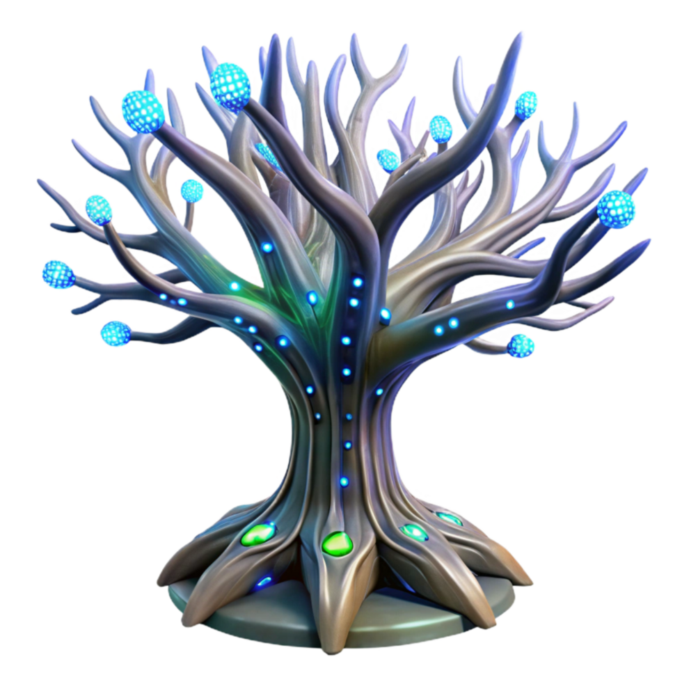 vibrant creative Cybernetic Tree with Glowing Roots Isolated detailed png