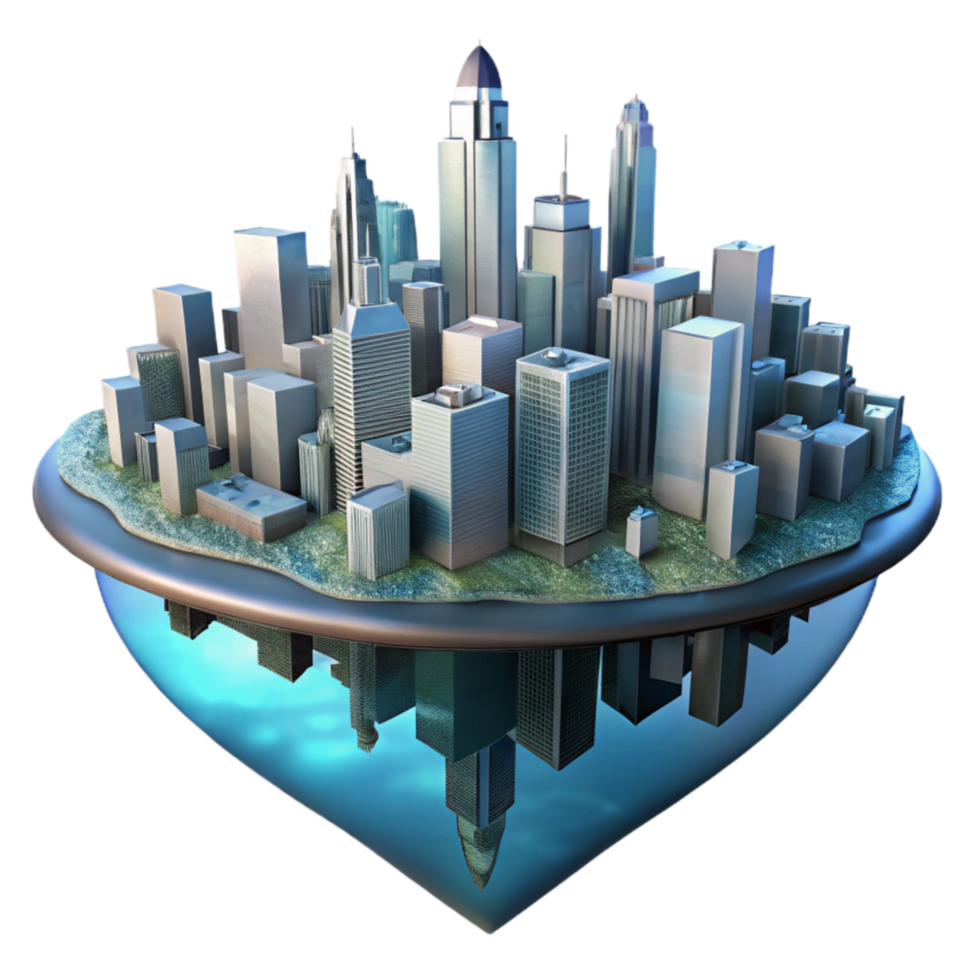 beautiful contemporary Cyberpunk Cityscape Reflection in Water Isolated Element original png