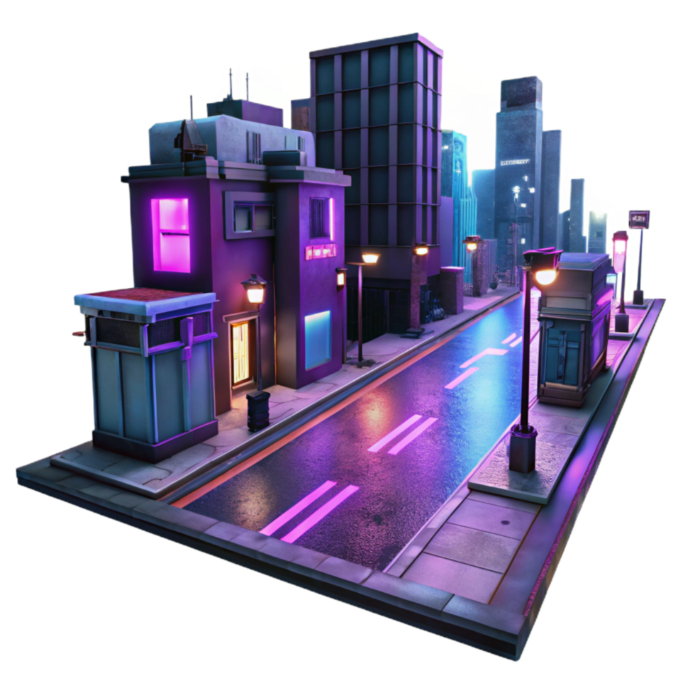 extraordinary minimalist Cyberpunk City Street Neon Lights Dark Background Transparent Background professional png