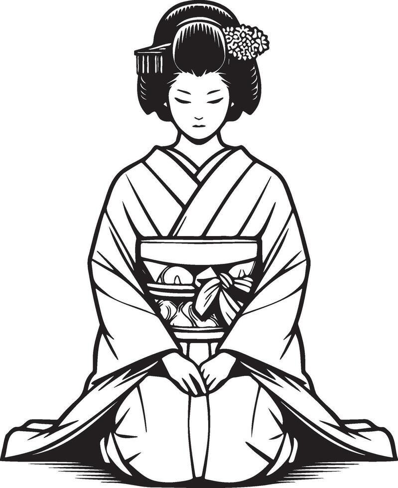 Japanese Woman Wearing Traditional Kimono Sitting. vector