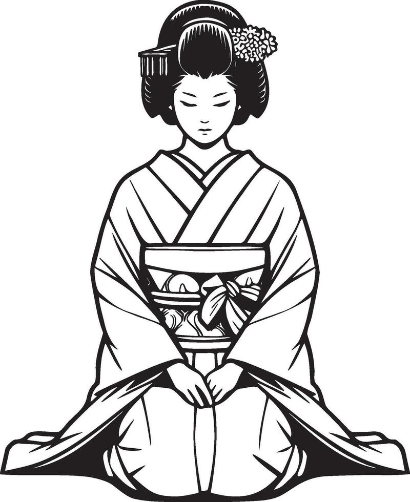 Japanese Woman Wearing Kimono Sitting Illustration. vector