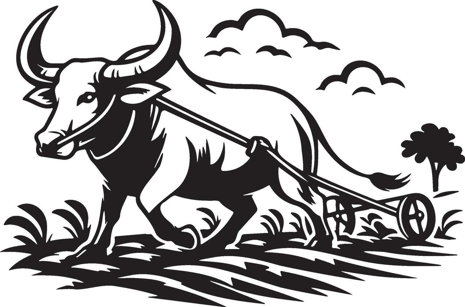 Carabao Plow Field Sketch Illustration. vector