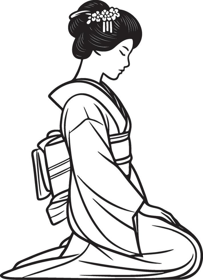 Japanese Woman Wearing Kimono Sitting Line Art. vector