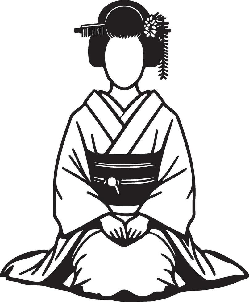 Japanese Woman Wearing Kimono Sitting Front View. vector