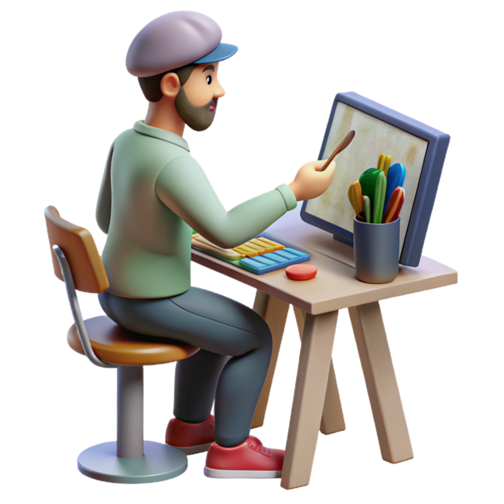 beautiful modern Digital Artist Working with Ai Software Side View Isolated original png