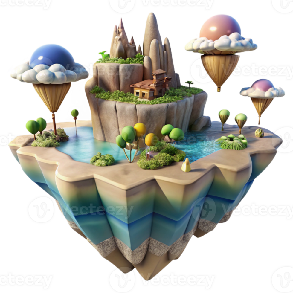 impressive creative Digital Landscape with Floating Islands Transparent Background premium png