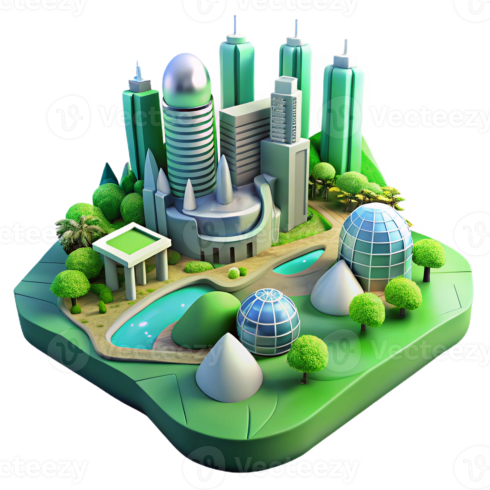 wonderful classic Digital Landscape with Futuristic Buildings and Green Terrain Cutout high resolution png