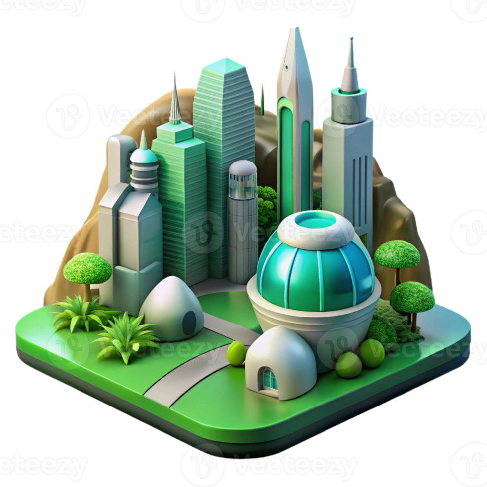 wonderful traditional Digital Landscape with Futuristic Buildings and Green Terrain Cutout high resolution png