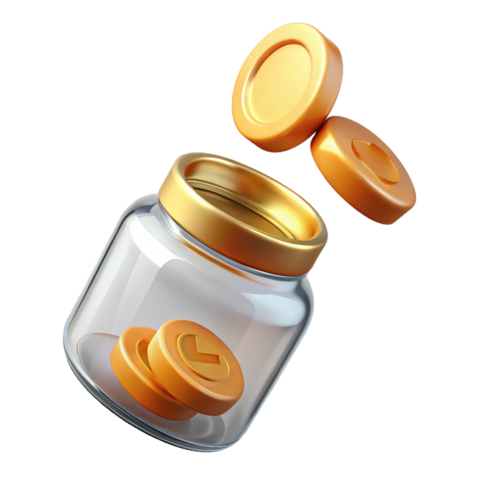 vibrant minimalist Donation Coin Falling Into Jar Transparent Background with Glass Texture high resolution png