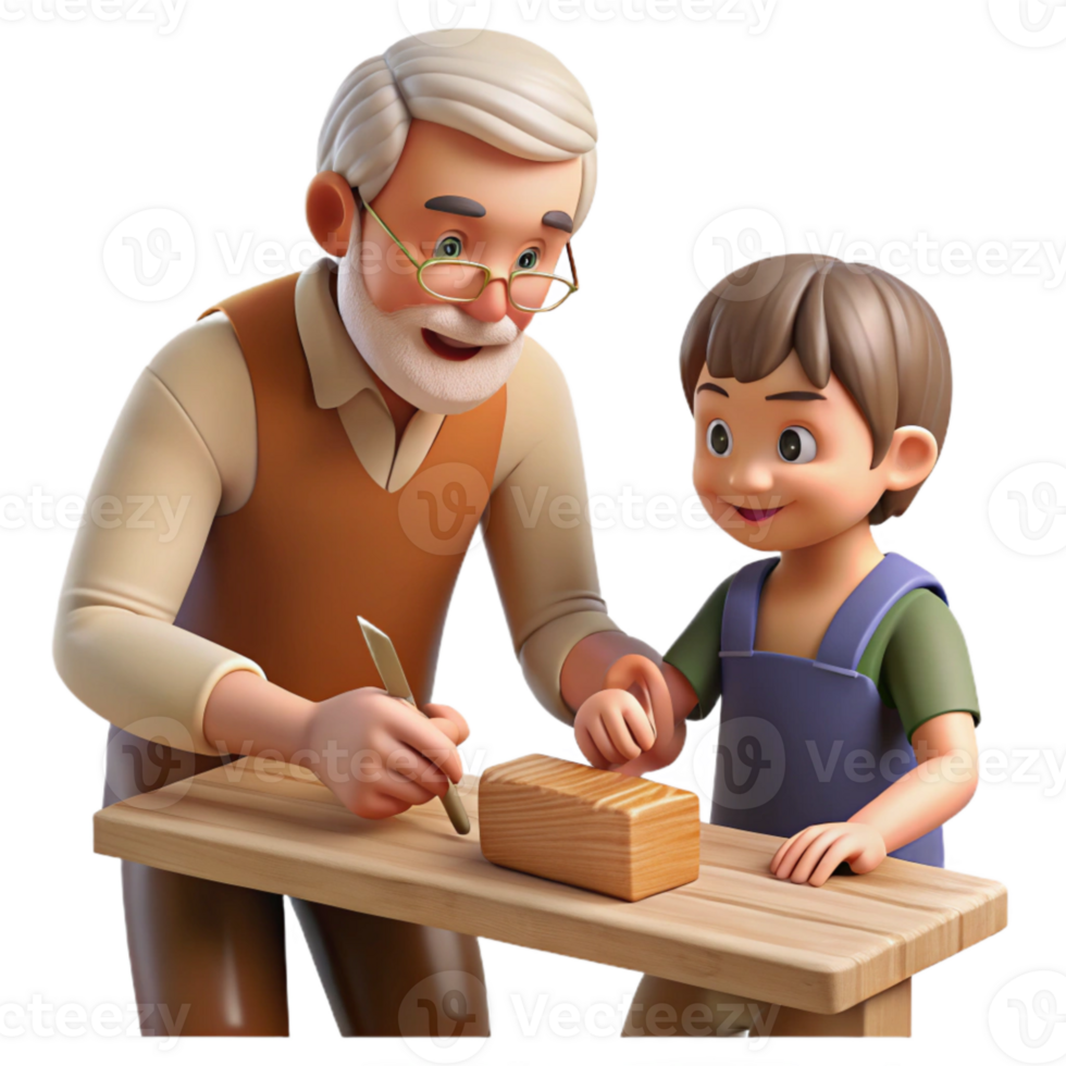 wonderful modern Elderly Man Teaching Boy to Carve Wood Cutout high quality png