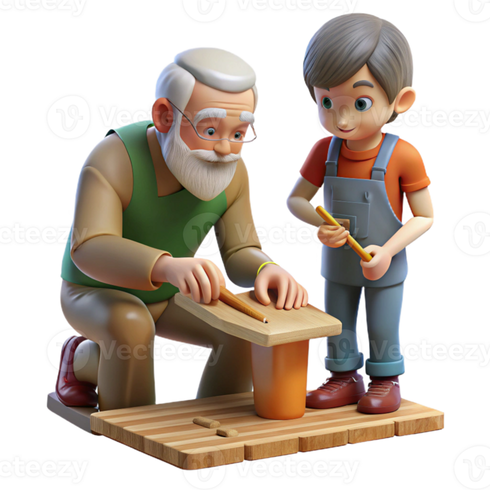 wonderful creative Elderly Man Teaching Boy to Carve Wood Cutout authentic png