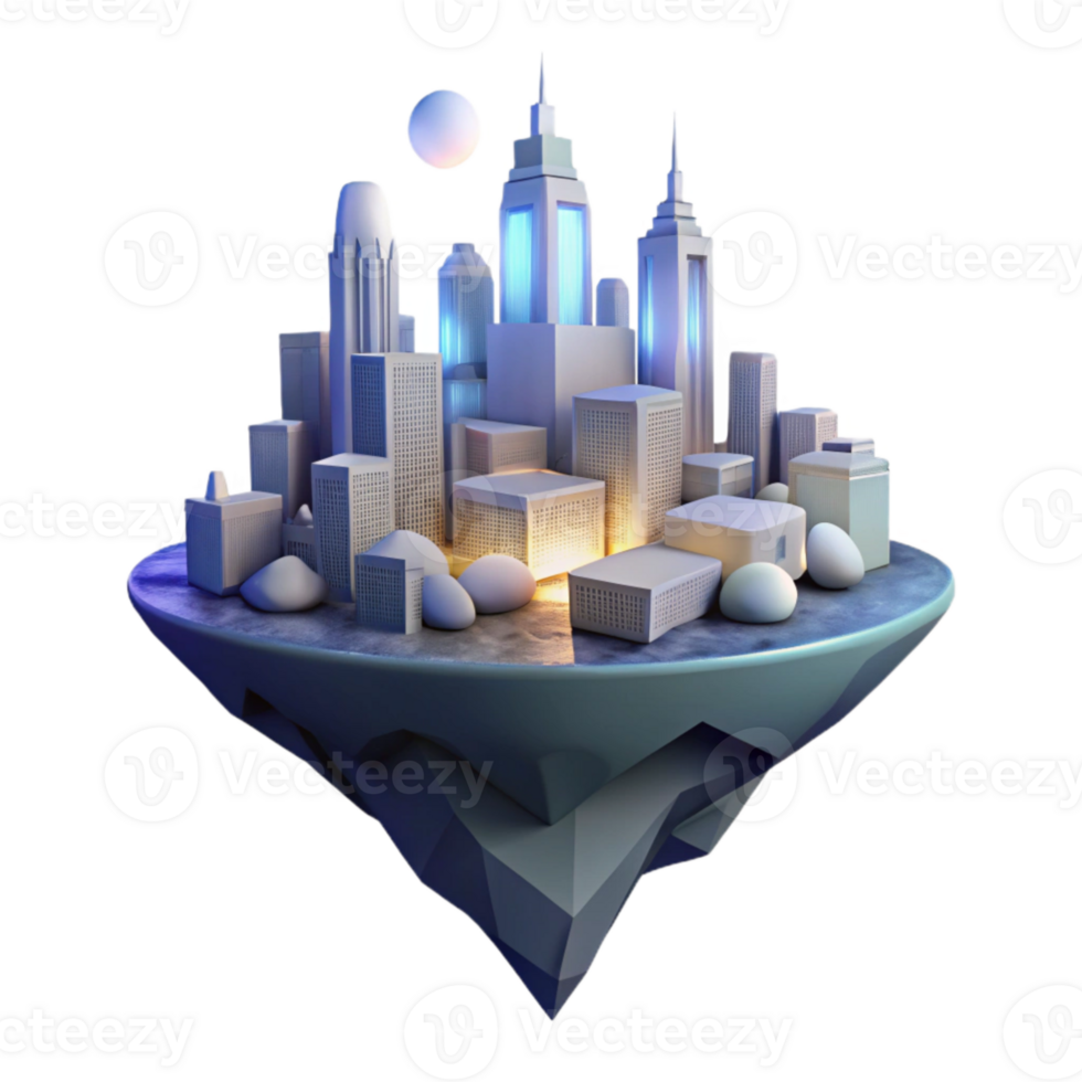 vibrant rustic Floating Cityscape Isolated with Night Lighting authentic png