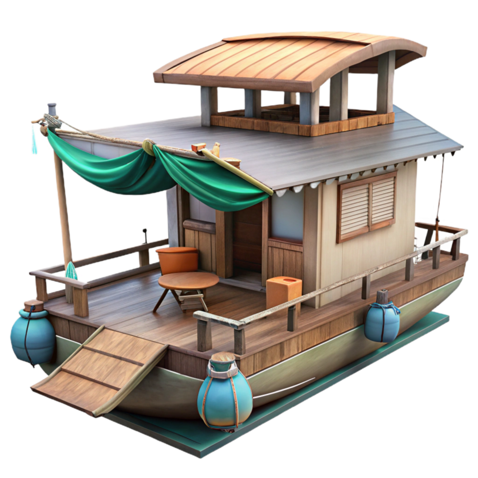 serene traditional Floating Houseboat with Deck and Canopy Isolated exclusive png
