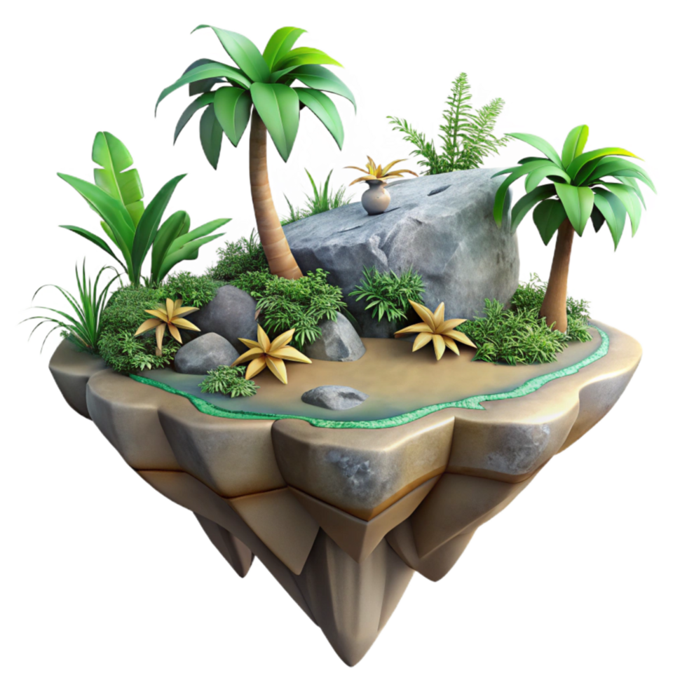 serene vintage Floating Island Isolated with Lush Vegetation high resolution png