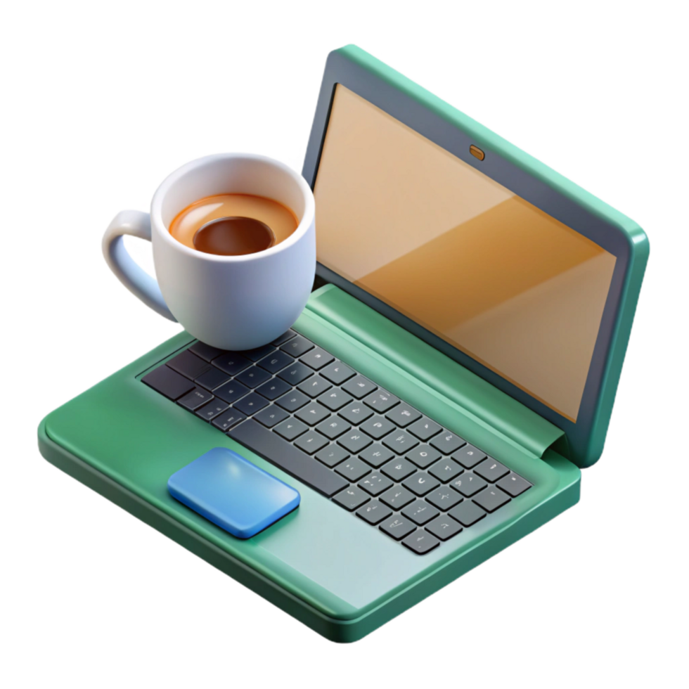 magnificent vintage Floating Laptop with Coffee Cup Isometric View Cutout high quality png