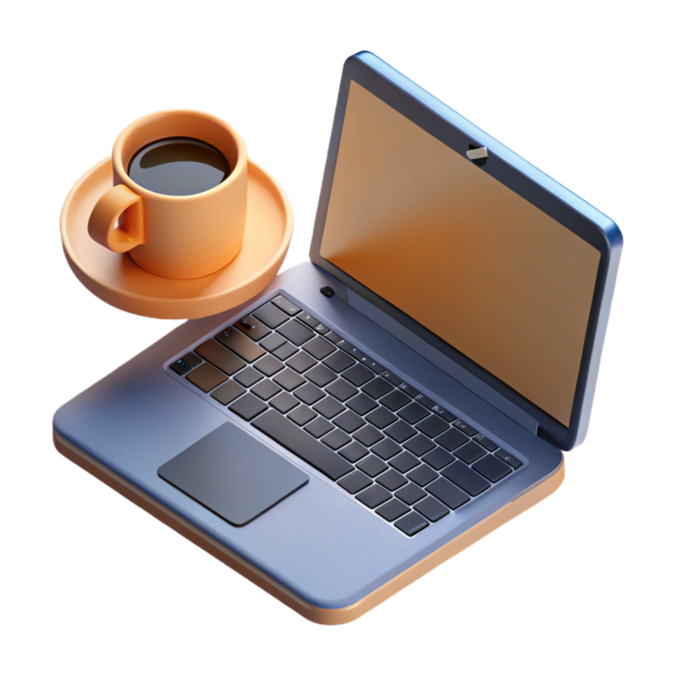 impressive contemporary Floating Laptop with Coffee Cup Isometric View Cutout professional png