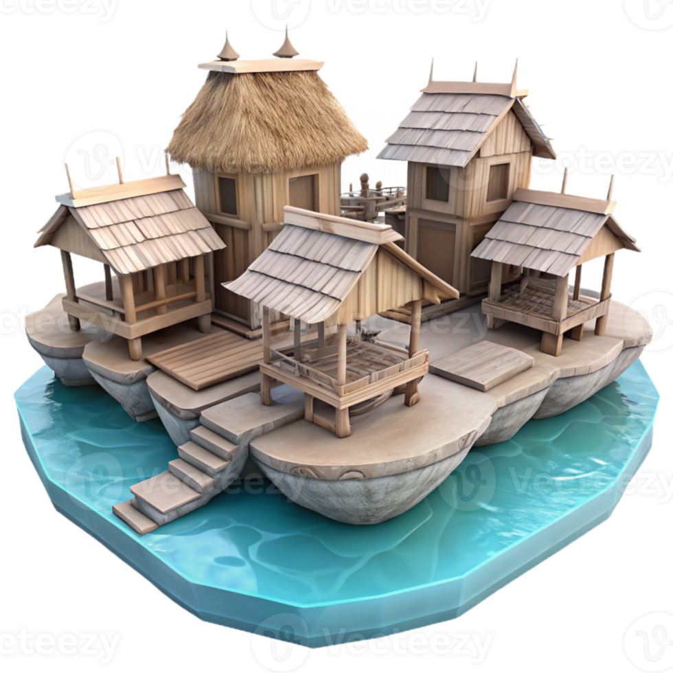 impressive artistic Floating Village with Wooden Huts Isolated high resolution png